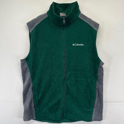 古着 コロンビア Columbia フリース ベスト フルジップ ワンポイント刺繍 ドローコード L グリーン系 ツートン メンズ