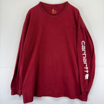 古着 カーハート Carhartt 長袖Tシャツ プリント クルーネック 大きいサイズ 袖ロゴ 2XL レッド 無地 メンズ