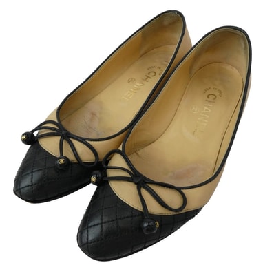 CHANEL シャネル パンプス イタリア製 バイカラー ココマーク リボン バレエ フラット シューズ パンプス 35【中古】