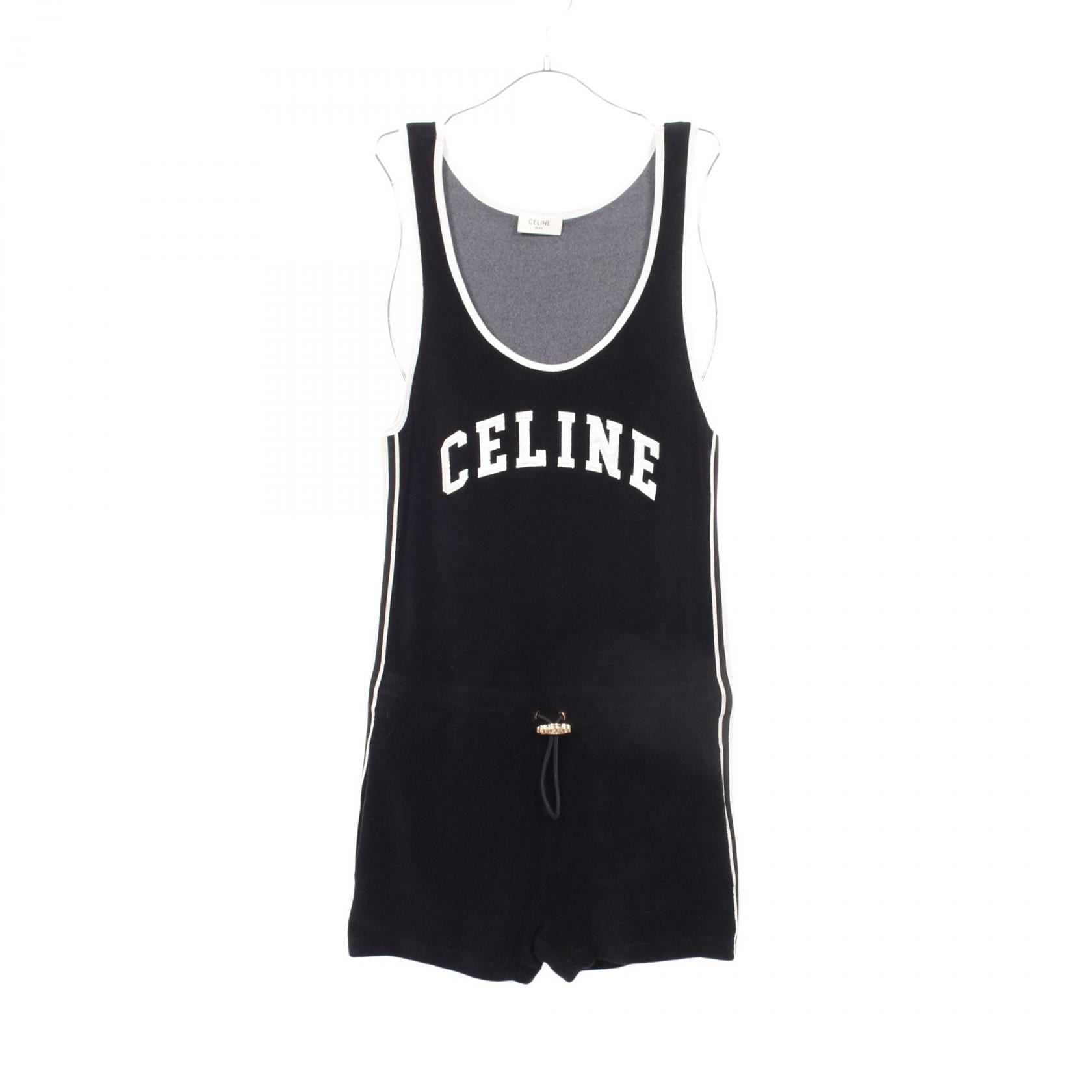 セリーヌ CELINE ロゴ刺繍 パイル地 サロペット 衣料品 コットン レディース ブラック系 2Z456061V 【中古】