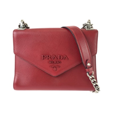 美品 PRADA プラダ サフィアーノ レッド シルバー金具 レザー チェーンショルダーバッグ ポシェット 1-0294277 【中古】