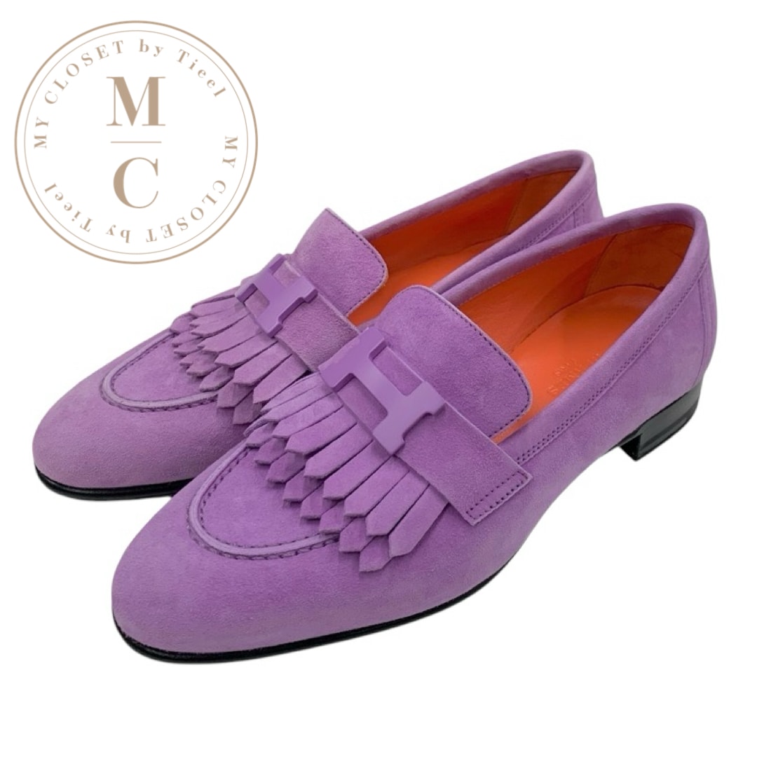 エルメス HERMES ロワイヤル ローファー 革靴 靴 シューズ スエード パープル モカシン フラットシューズ H金具 フリンジ