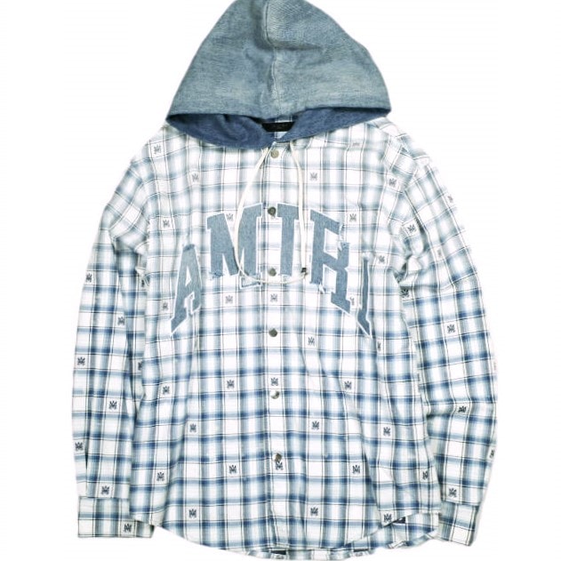 AMIRI アミリ 24AW アメリカ製 Hooded Overshirt デニムフード チェックオーバーシャツ SRAMSTOS1016SMRBC00 L BLUE 長袖 定価275,000円 トップス g25444