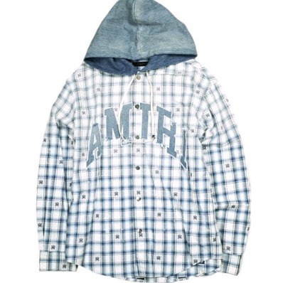 AMIRI アミリ 24AW アメリカ製 Hooded Overshirt デニムフード チェックオーバーシャツ SRAMSTOS1016SMRBC00 L BLUE 長袖 定価275,000円 トップス g25444