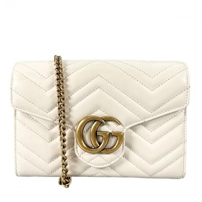 GUCCI グッチ ショルダーバッグ チェーンウォレット GGマーモント GGロゴ シェブロン 斜め掛け キルティング 474575 レザー ホワイト 白 ゴールド金具 レディース【中古品】