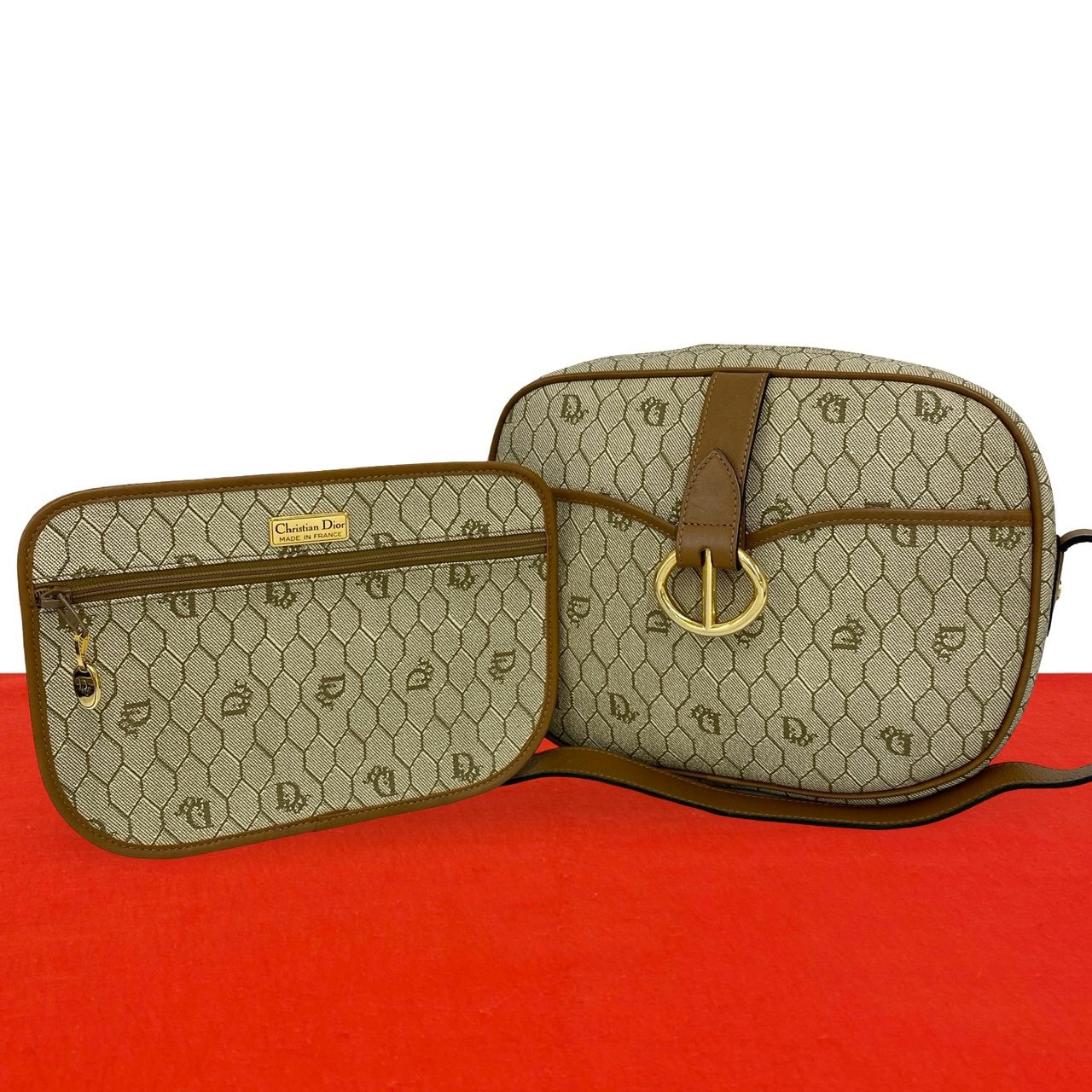 Christian Dior ディオール ハニカム 柄 レザー PVC ショルダーバッグ ベージュ
67001