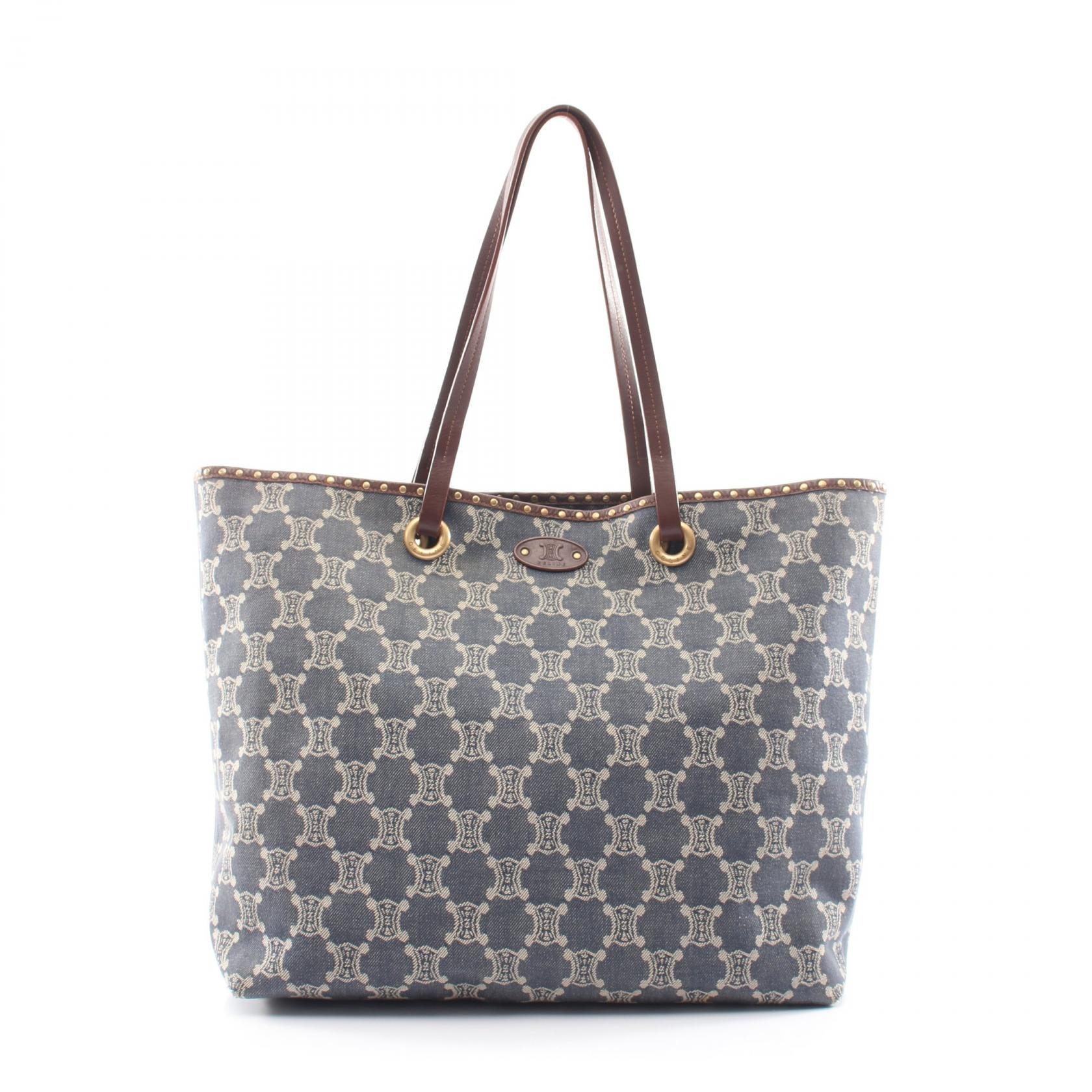 セリーヌ CELINE パリマカダム スタッズ トートバッグ バッグ デニム レザー レディース ネイビー系 / アイボリー系 / ブラウン系 【中古】