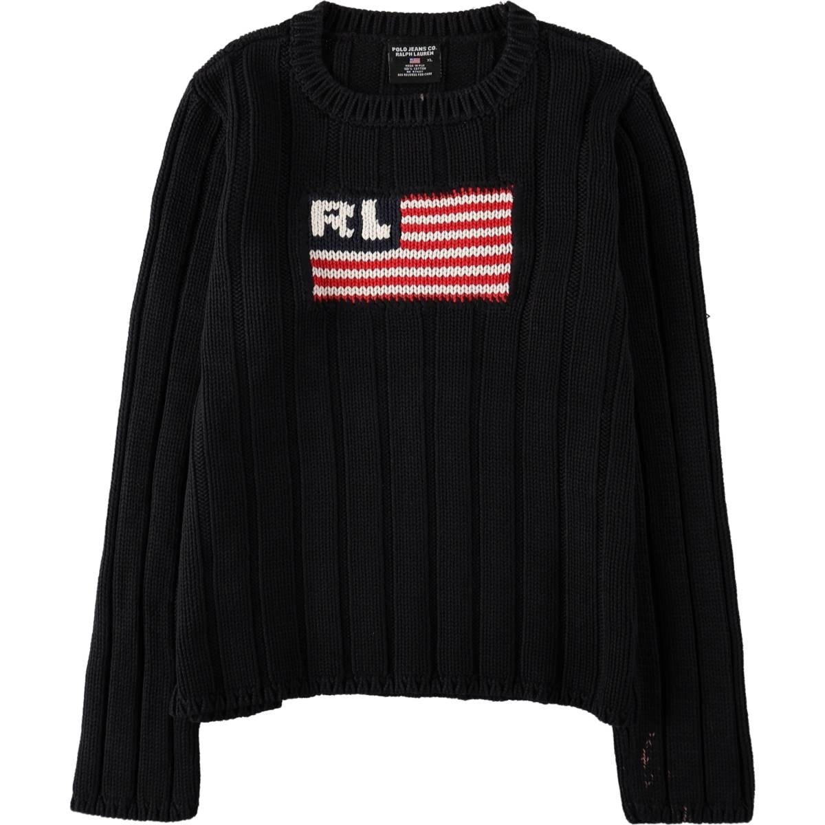 古着 00年代 ラルフローレン Ralph Lauren POLO JEANS COMPANY 星条旗柄 リブ編み コットンニットセーター レディースXL相当/eaa672608