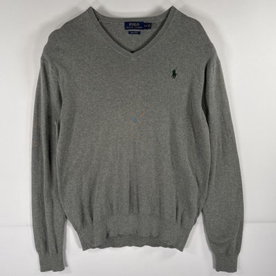 古着 ポロ・ラルフローレン POLO RALPH LAUREN コットンニットセーター Vネック ワンポイントロゴ刺繍 薄手 S グレー メンズ