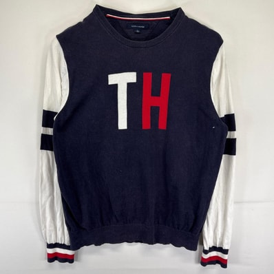 古着 トミーヒルフィガー TOMMY HILFIGER ニット 大きいサイズ セーター ビックロゴデザイン リブライン XL ホワイト メンズ