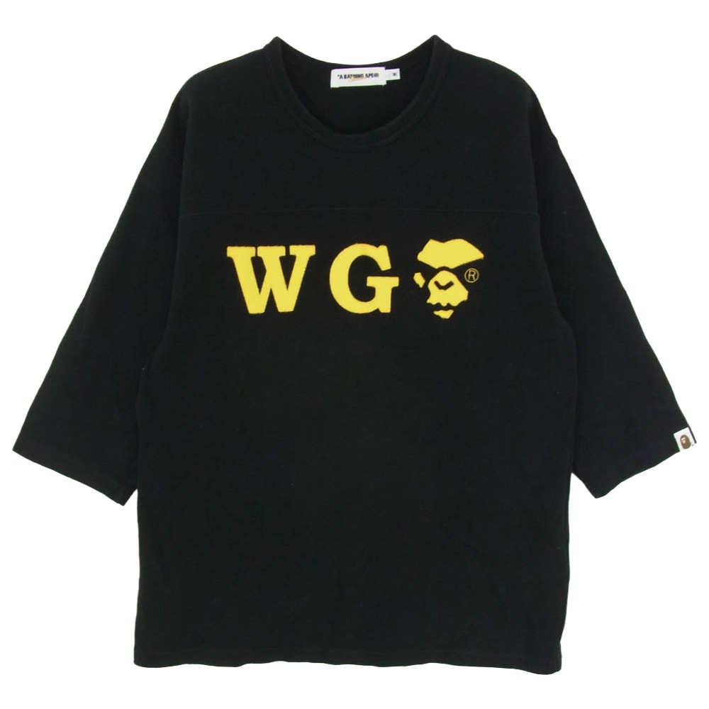 A BATHING APE アベイシングエイプ マッドエイプ WG ロゴ アップリケ ワッペン Tシャツ 七分袖 フットボール カットソー ブラック系 M【中古】