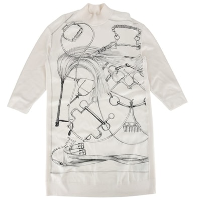 HERMES エルメス ワンピース ツイルレーヌ ETRIERS 七分丈 アパレル ニット切り替え 服 40 アイボリー シルク シルク カシミヤ ナイロン レディース 春 秋【中古品】