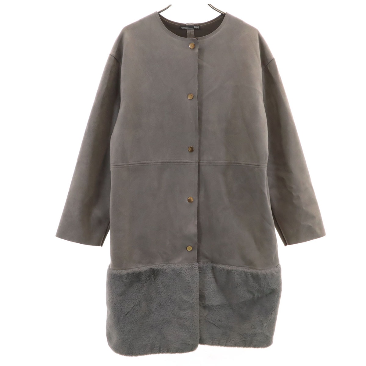 ZARA ザラ フェイクスエード フェイクファー ノーカラーコート S グレージュ