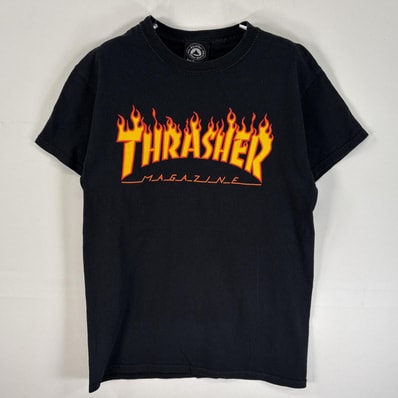 古着 スラッシャー THRASHER 半袖Tシャツ ラバープリント ロゴ ファイヤーデザイン スケボー S ブラック メンズ