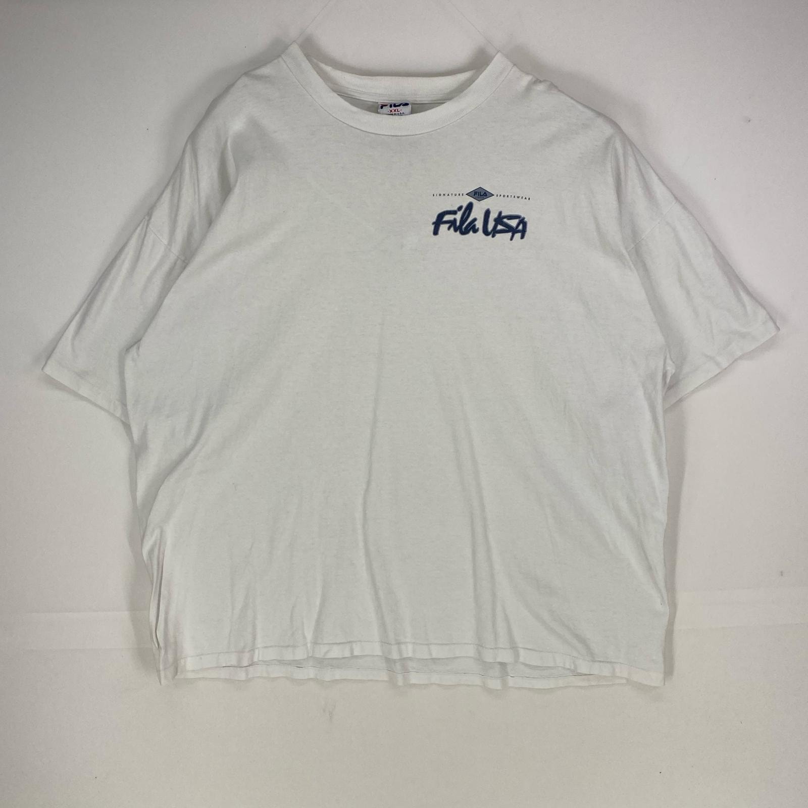 古着 90's/90年代 フィラ FILA USA製 半袖Tシャツ シングルステッチ 大きいサイズ クルーネック 2XL ホワイト系 両面プリント メンズ