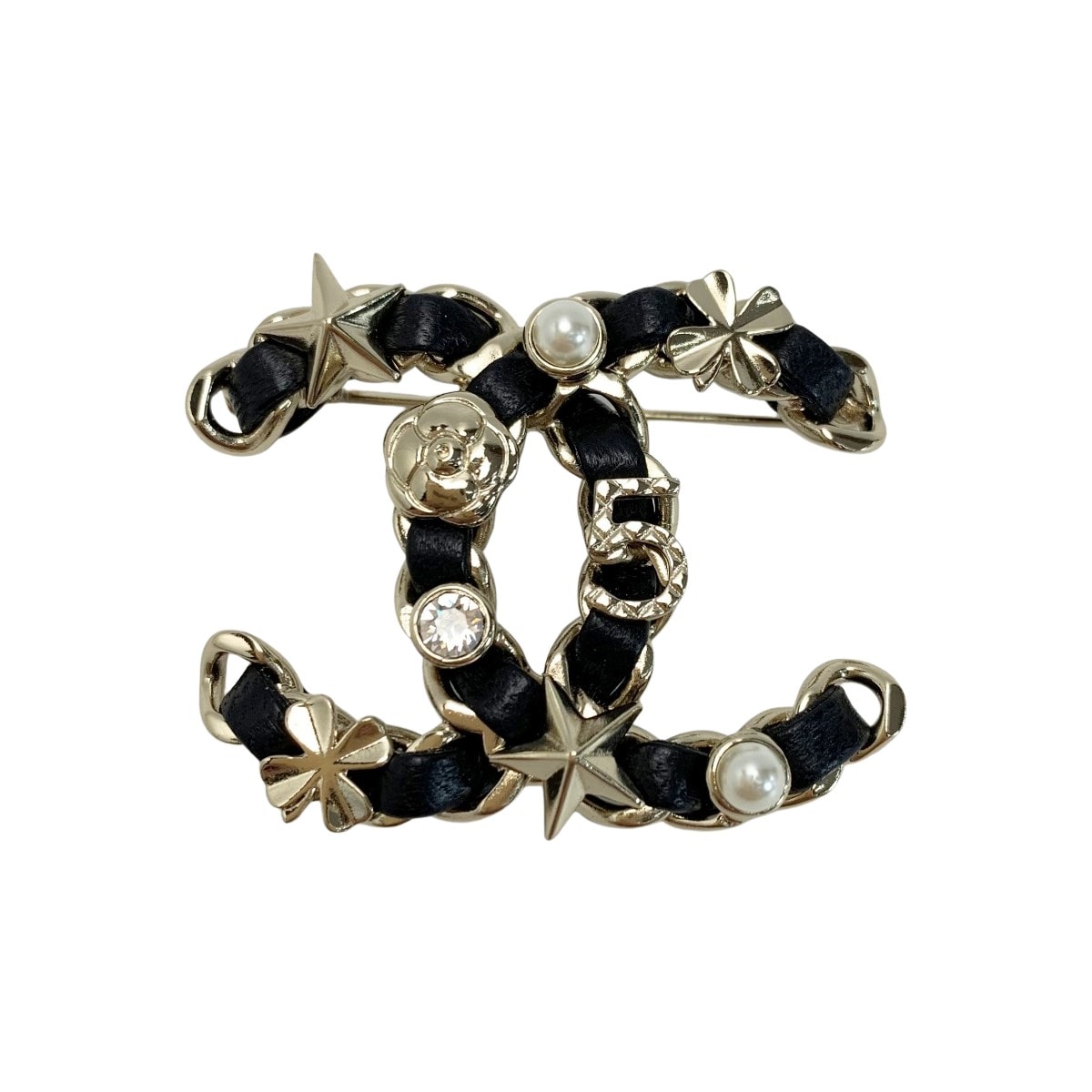 ☆☆CHANEL シャネル ココマーク ラインストーン フェイクパール ブローチ B22V ブラック×ゴールド レザー×メタル