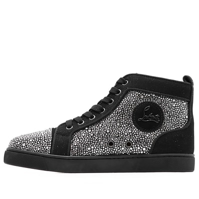 【新品同様】Christian Louboutin クリスチャンルブタン スニーカー Louis Strass 37 レディース メタルロゴ レザーパッチ ストラス クリスタル ラインストーン ハイカット 靴 ブラック シルバー 黒 銀色 伊製