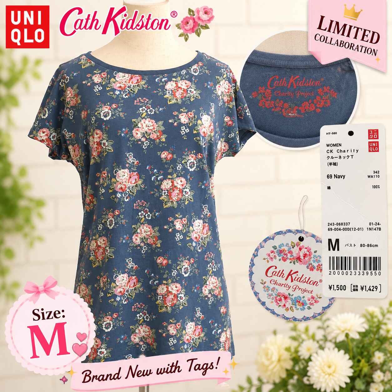 タグ付き新古品★限定品/UNIQLO +J × Cath Kidston/ユニクロ★コラボ/半袖トップス/Tシャツ【レディースM/紺/navy/花柄】Tops/Shirt◆BJ180-g