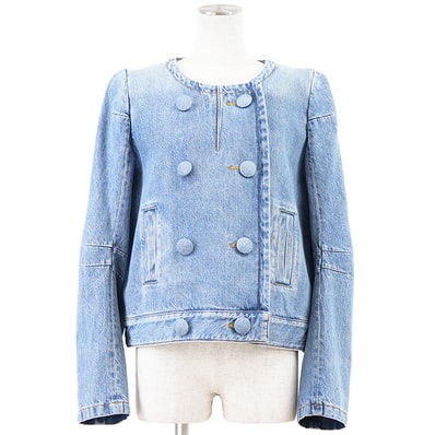 【未使用】LOUIS VUITTON ルイ・ヴィトン デニムジャケット サイズ 42 レディース 2024SS ノーカラー ダブルブレスト アウター ボタン・ハンガー・ガーメント付属 ライトインディゴ イタリア製