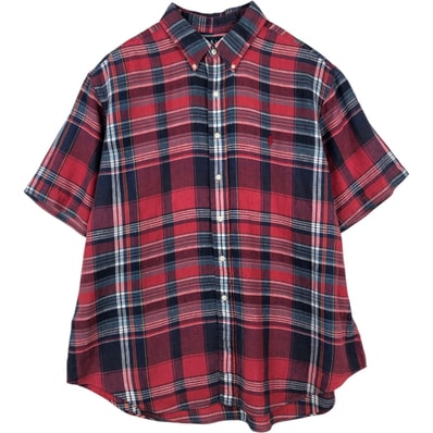 古着 ラルフローレン Ralph Lauren CLASSIC FIT クラシックフィット チェック柄 半袖 リネン ボタンダウンシャツ メンズXXL相当/eaa640008