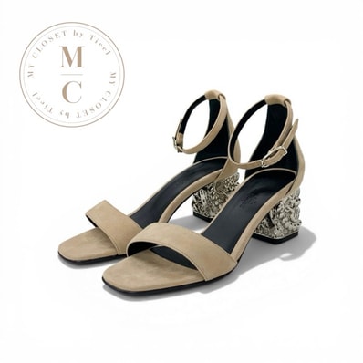 エルメス HERMES グラム60 サンダル 靴 シューズ スエード メタル ベージュ シルバー シェーヌダンクル メタルヒール ストラップ 未使用