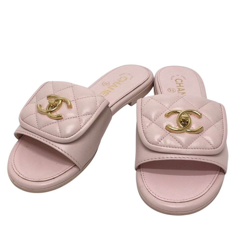 シャネル CHANEL ターンロック G46119 ココマーク フラット シューズ ミュール サンダル レザー ピンク 未使用