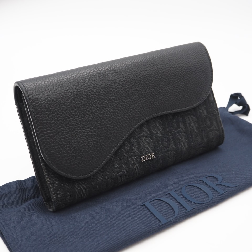 美品 Dior ディオール ディオール オブリーク ジャカード グレインドカーフスキン Saddle ロングウォレット 2ADBC321YKS 長財布 ブラック グレー レザー キャンバス メンズ