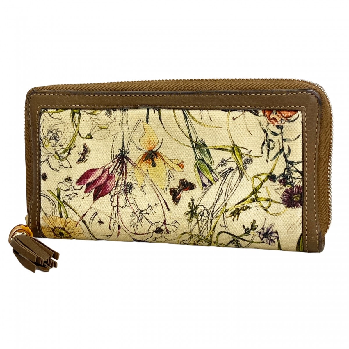 【6ce6378】グッチ 長財布 バンブー フローラ 307984 キャンバス ベージュ ブラウン シャンパンゴールド金具【中古】レディース