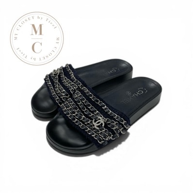 シャネル CHANEL サンダル 靴 シューズ ファブリック レザー ネイビー ブラック シルバー ココマーク チェーン フラット ミュール