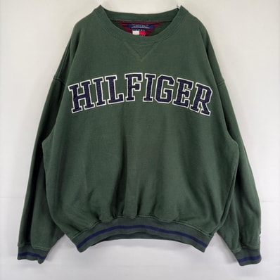 古着 90's/90年代 トミーヒルフィガー TOMMY HILFIGER スウェット クルーネック 大きいサイズ Vガゼット ロゴ刺繍 2XL グリーン メンズ