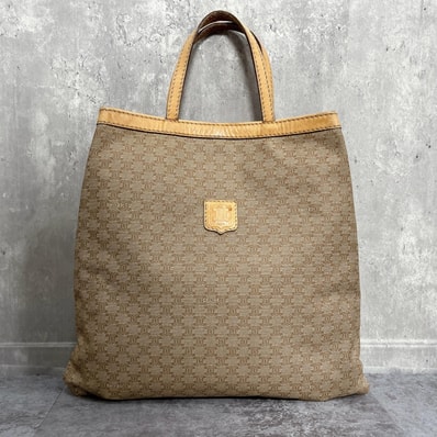 【CELINE】セリーヌ Cマカダム トートバッグ キャンバス レザー ベージュ ブラウン トリオンフ ロゴプレート 総柄 イタリア製 レディース