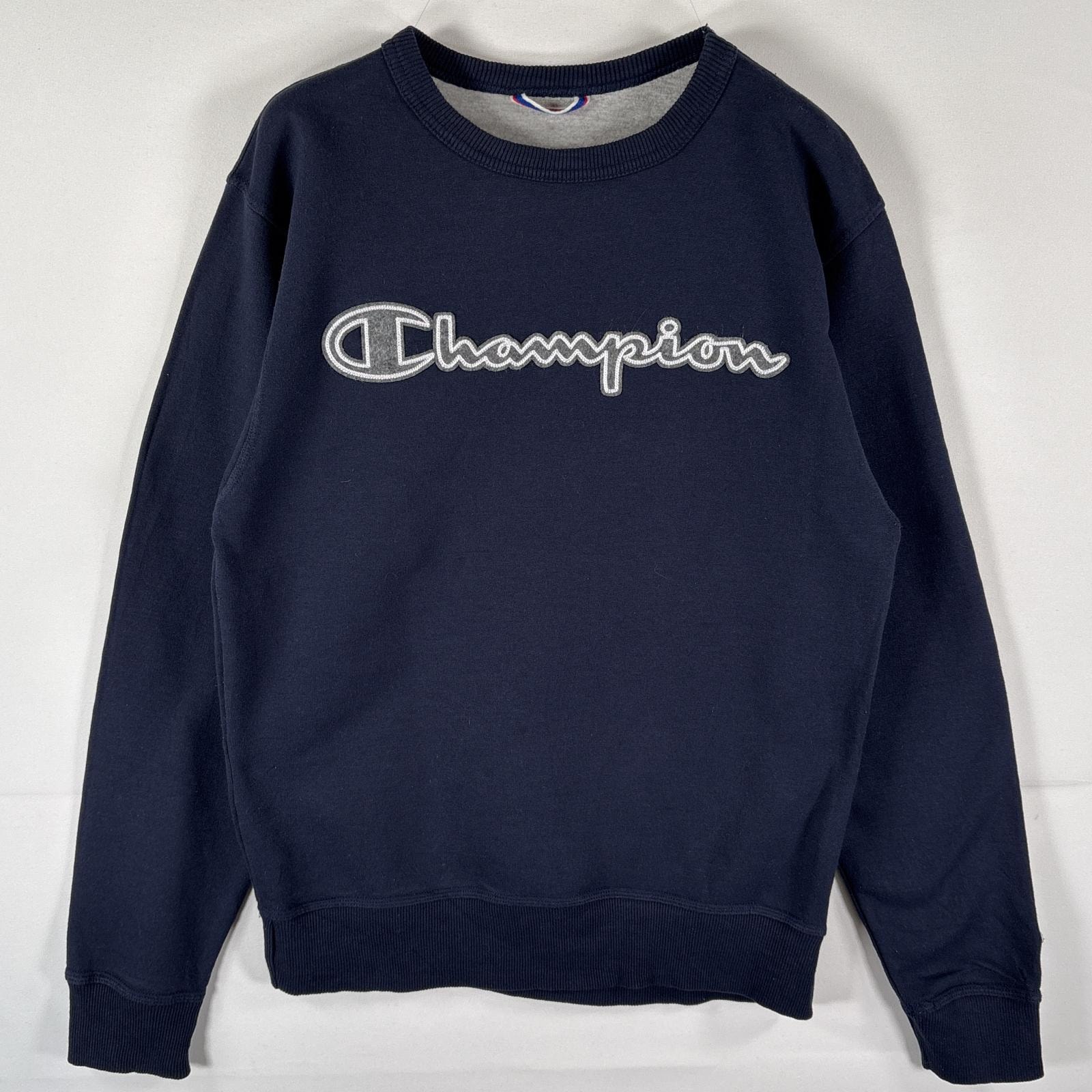 古着 チャンピオン Champion スウェット トレーナー クルーネック ビッグロゴ ワッペン 刺繍 S ネイビー メンズ