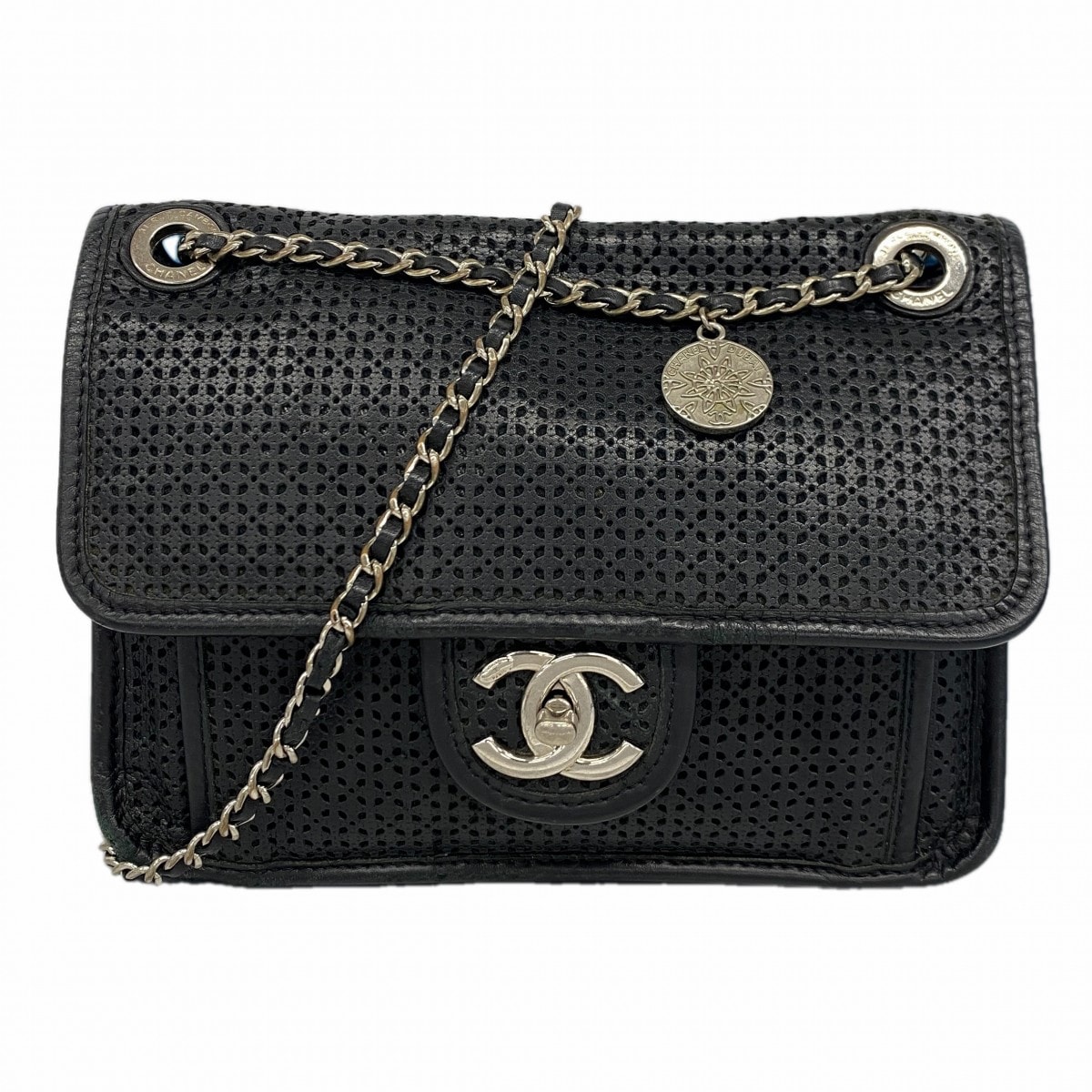 【6dc2896-k】シャネル ショルダーバッグ Wチェーン フレンチリビエラ レザー ブラック シルバー金具【中古】レディース