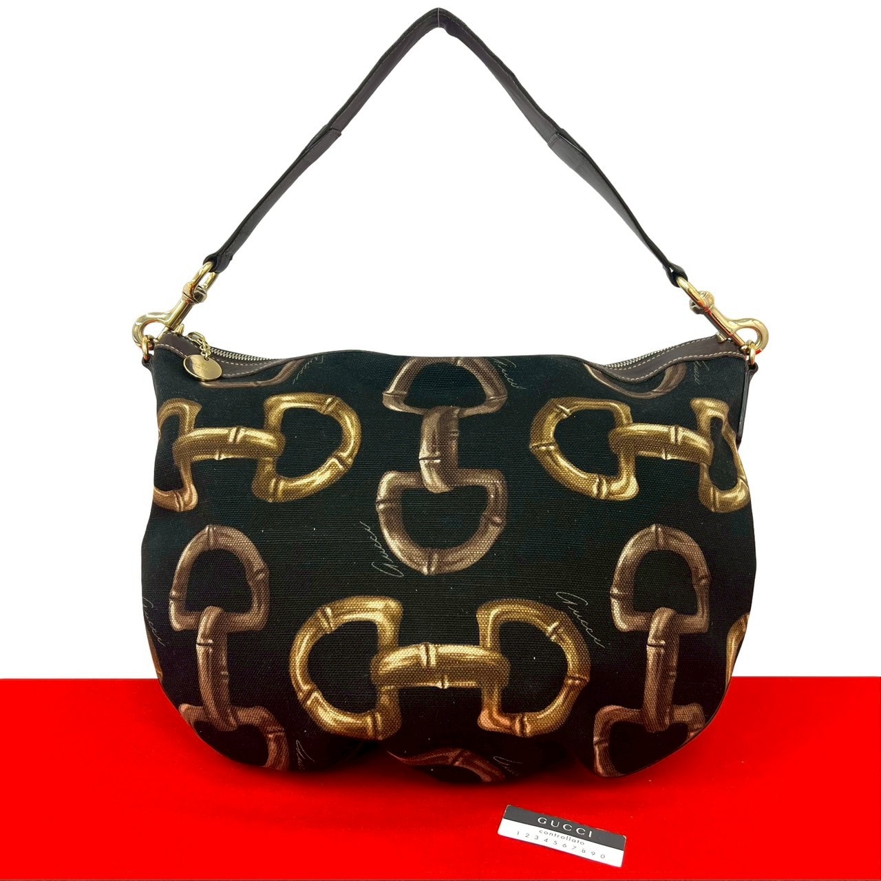GUCCI グッチ ホースビット キャンバス レザー ショルダーバッグ ブラック
 99896