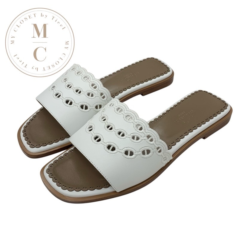 エルメス HERMES ガエル サンダル 靴 シューズ レザー ホワイト 白 未使用 シェーヌダンクル ミュール フラットサンダル