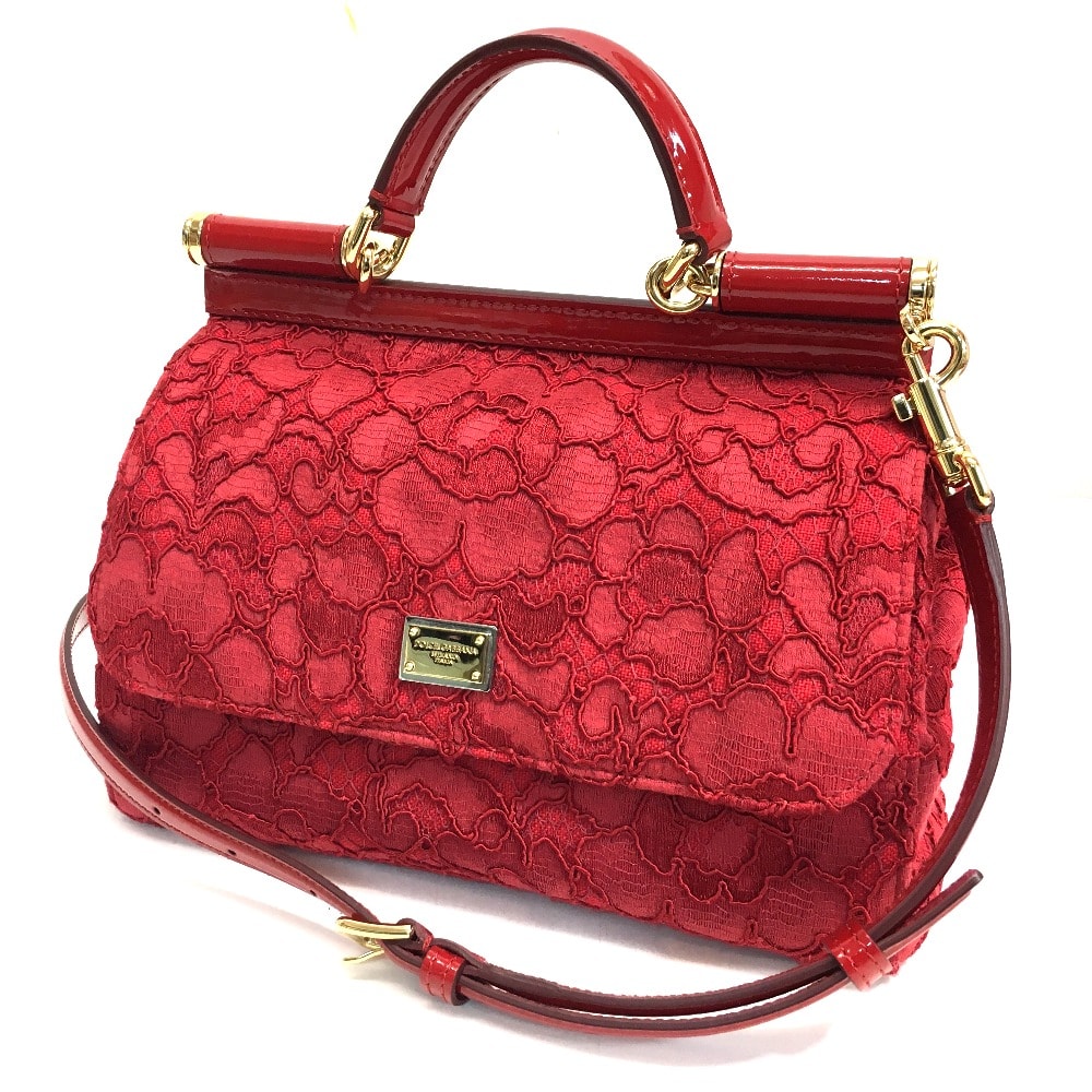 ドルチェアンドガッバーナ DOLCE&GABBANA ロゴプレート フラワー柄 刺繍 シシリー カバン ハンドバッグ 2WAY ショルダーバッグ コットン レッド 新品同様