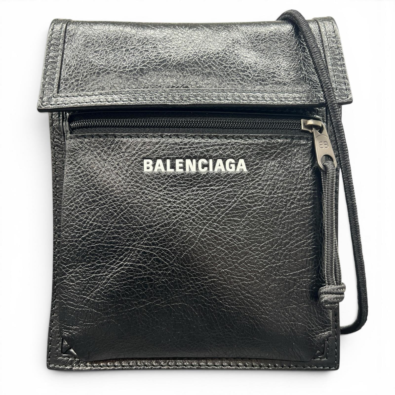 BALENCIAGA 極美品 バレンシアガ エクスプローラー ショルダーバッグ 532298 レザー ブラック ロゴ クロスボディ ポシェット サコッシュ Aランク 中古 鑑定済 バレンシアガバッグ