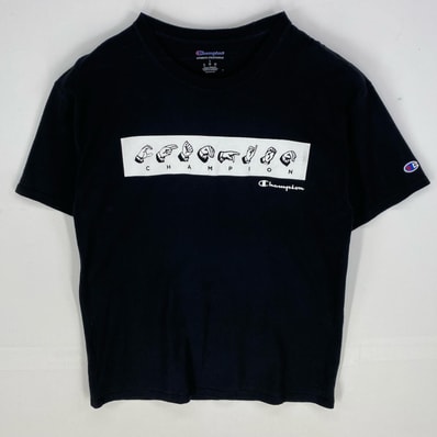古着 チャンピオン Champion 半袖Tシャツ 手話プリント スポーツ クルーネック ショートスリーブ L ブラック系 メンズ