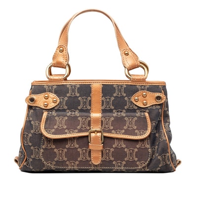 セリーヌ マカダム ハンドバッグ ネイビー系 オレンジ デニム レザー レディース CELINE 【中古】