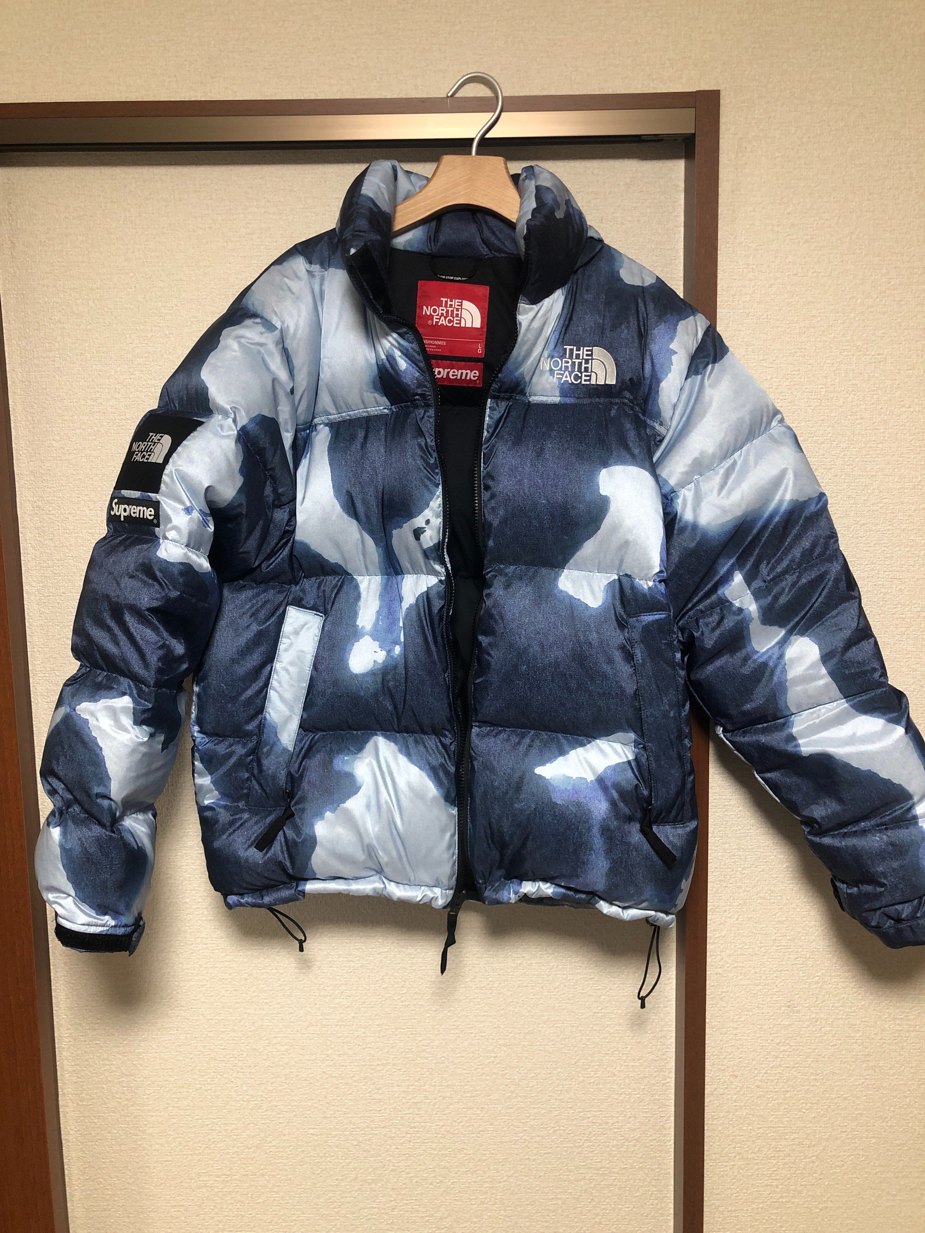 Supreme x The North Face Bleached Denim Print Nuptse Jacket "Indigo"