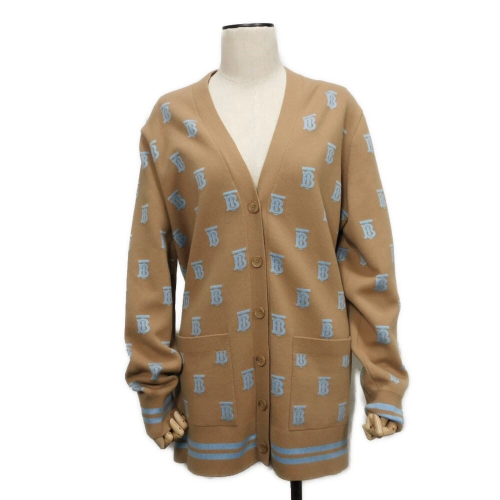 BURBERRY バーバリー TBロゴ ニット M ウール シルク ライトブラウン ライトブルー バイカラー 美品 モノグラム ジャガード キャメル カーディガン 8065919