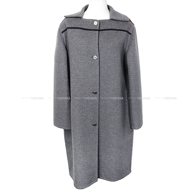 HERMES エルメス トレンチコート 襟付 Wライン セリエ ボタン グレー カシミヤ100% #42 シルバー金具 新品同様【中古】