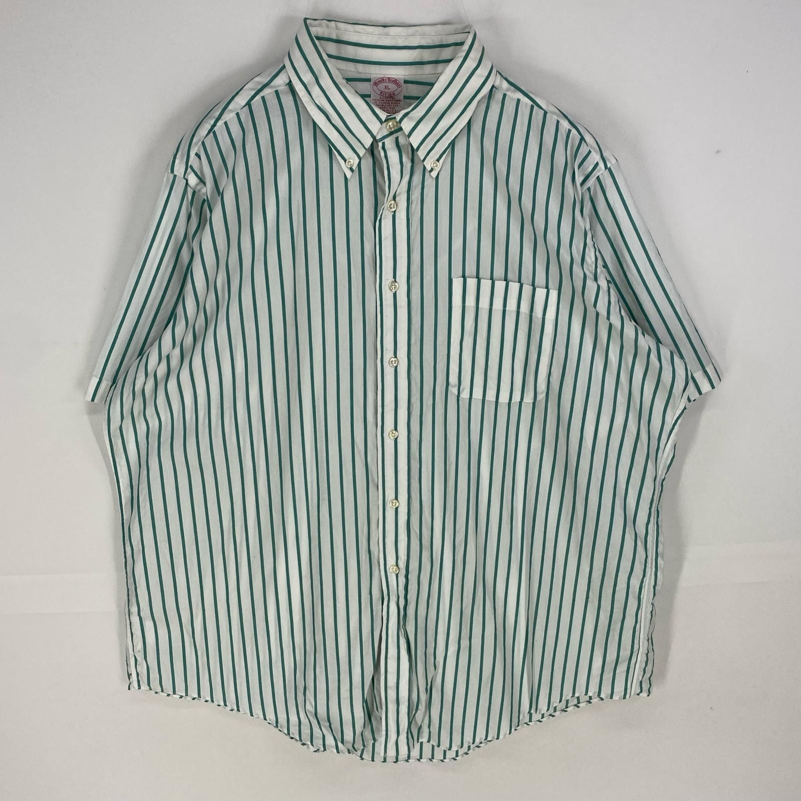 古着 ブルックスブラザーズ Brooks Brothers USA製 半袖シャツ ボタンダウン 胸ポケット 1818 XL グリーン系 ストライプ メンズ