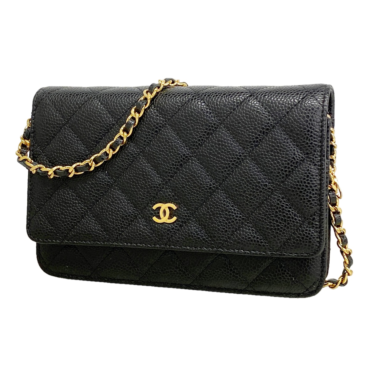 【6ke5780】シャネル ショルダーウォレット マトラッセ チェーンショルダー キャビアスキン ブラック ゴールド金具【中古】レディース
