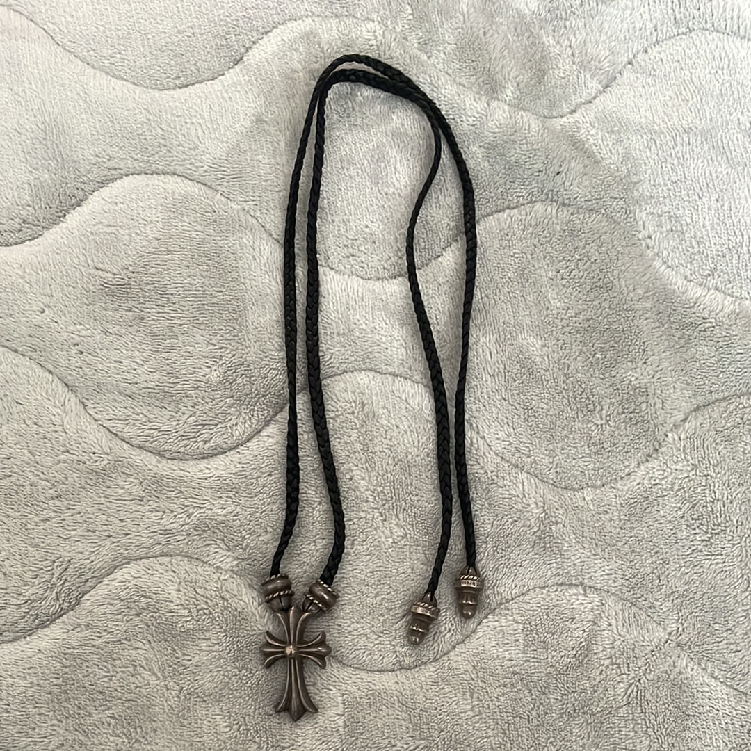 Chrome Hearts CH Cross Small Crimpt Bolo Tip Leather Braid Necklace "Silver"