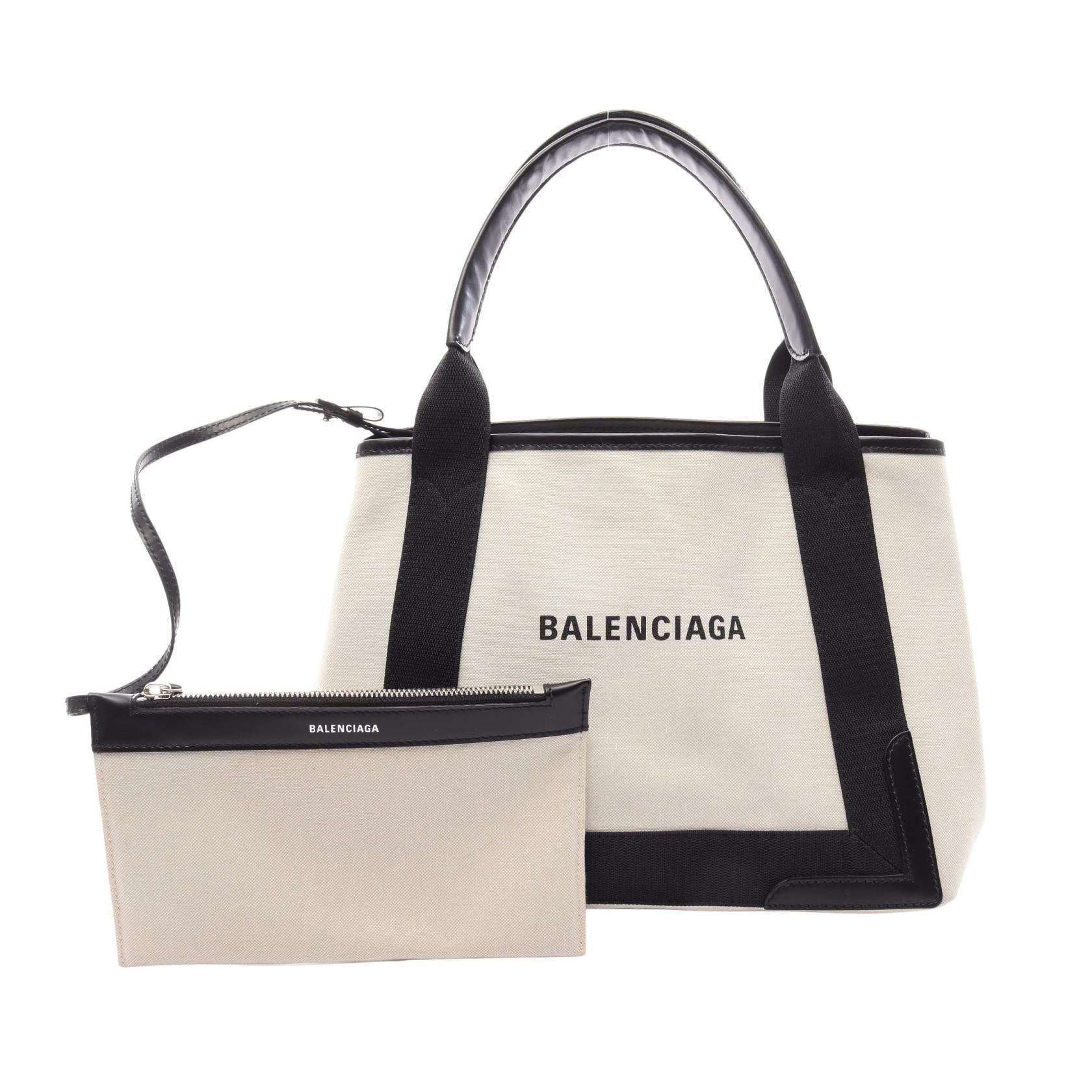 バレンシアガ BALENCIAGA NAVY CABAS S ネイビーカバ トートバッグ バッグ キャンバス レザー レディース アイボリー系 / ブラック系 339933 【中古】