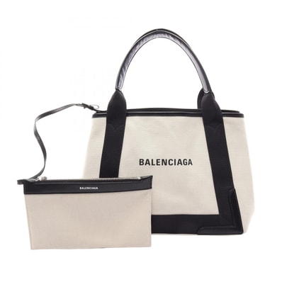 バレンシアガ BALENCIAGA NAVY CABAS S ネイビーカバ トートバッグ バッグ キャンバス レザー レディース アイボリー系 / ブラック系 339933 【中古】