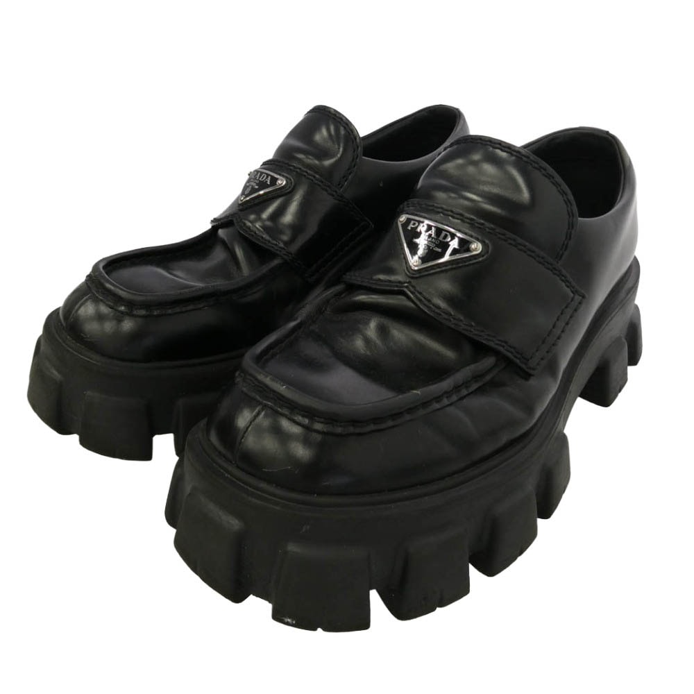 PRADA プラダ 2DE129 MONOLITH BRUSHED LEATHER LOAFERS モノリス ブラッシュド レザー ローファー シューズ ブラック系 5.5【中古】
