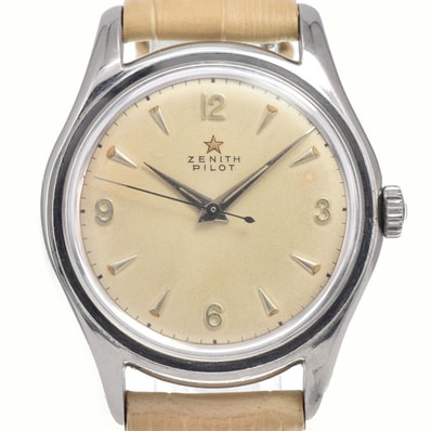 ゼニス ZENITH ヴィンテージ パイロット SS/レザー ホワイト 手巻き メンズ 良品 腕時計 Y#146321