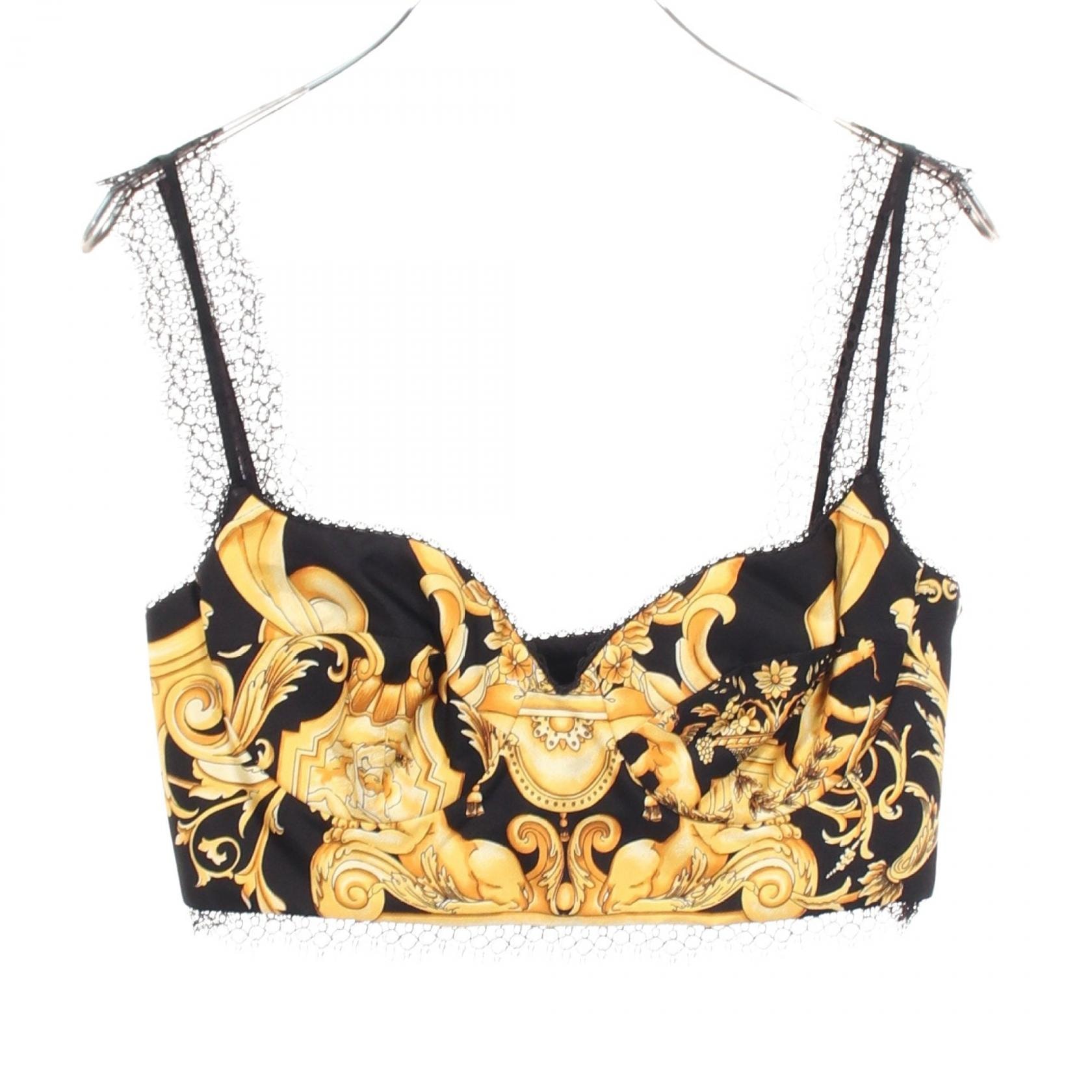 ヴェルサーチ VERSACE 総柄 レースブラトップ キャミソール 衣料品 トップス シルク レーヨン レディース ブラック系 / イエロー系 【中古】